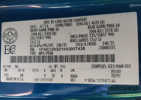 2017 Ford Escape Se из США, поврежденный, VIN 1FMCU0GD1HUB07438